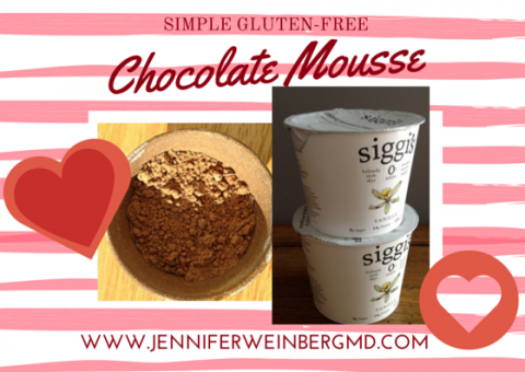 My Simple Chocolate Mousse is gluten-free, grain-free, egg-free, nut-free, high in protein and low in sugar. You can whip up a quick batch in less than 15 minutes for a delicious treat or romantic dessert! www.JenniferWeinbergMD.com