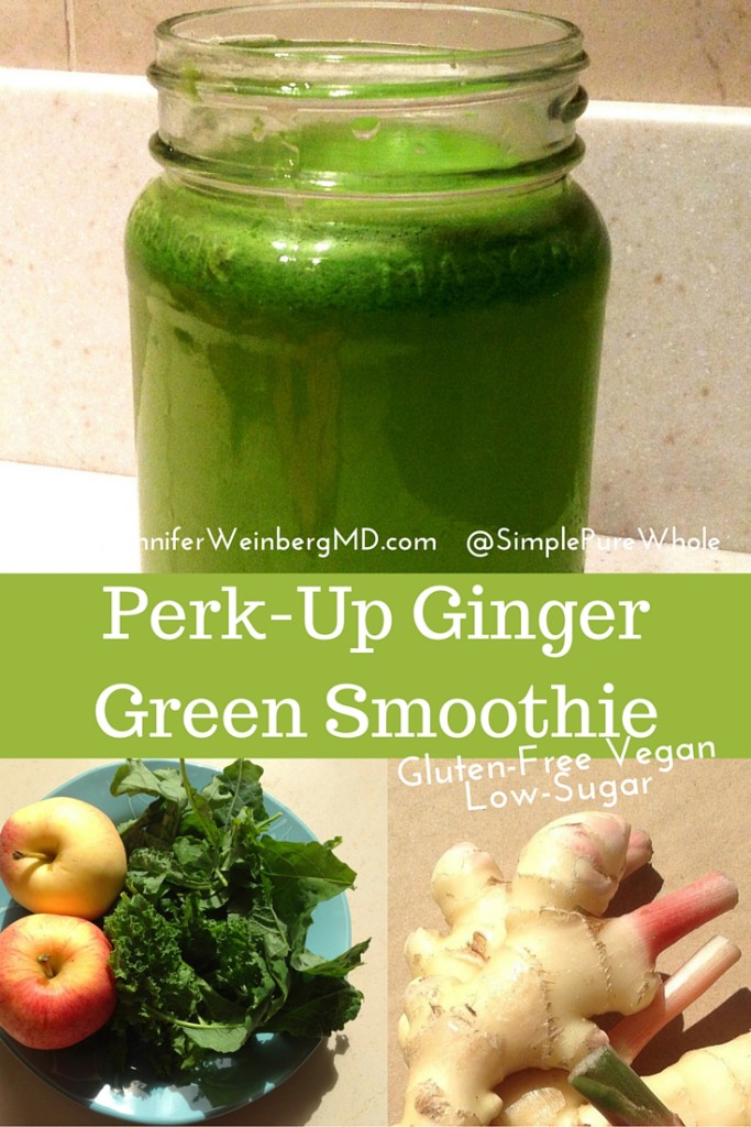 Perk-Up Ginger Green Smoothie #vegan #glutenfree #lowsugar #dairyfree #smoothie #breakfast #eatclean #cleaneating #detox #cleanse www.JenniferWeinbergMD.com
