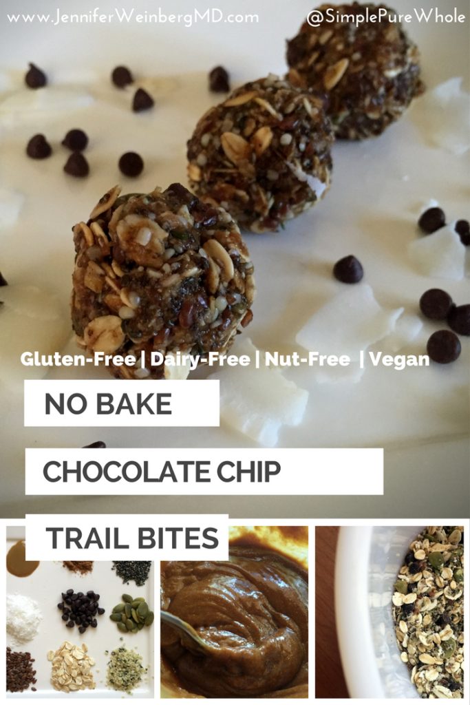 Chocolate Chip Trail bites #chocolate #coconut #snack #nutfree #glutenfree #dairyfree #vegan #recipe #nobake www.JenniferWeinbergMD.com