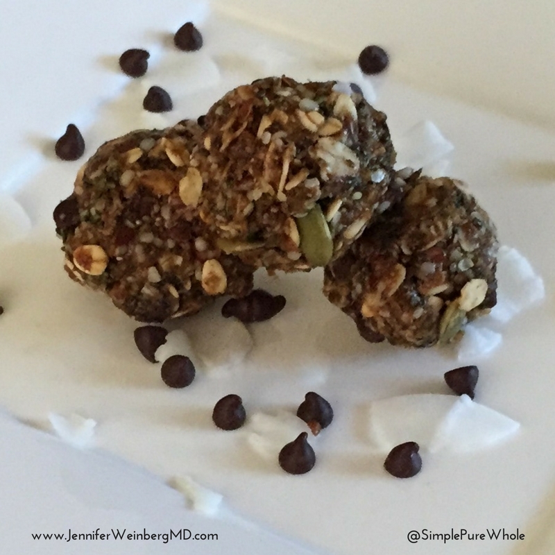 Chocolate Chip Trail bites #chocolate #coconut #snack #nutfree #glutenfree #dairyfree #vegan #recipe #nobake www.JenniferWeinbergMD.com