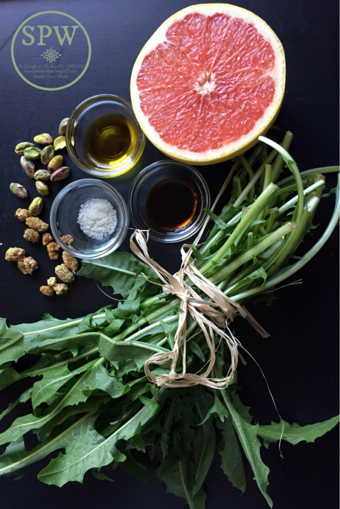 Dandelion #Salad with Mulberries and Pistachios with a Citrus Dressing: #citrus #dressing #recipe #glutenfree #grainfree #paleo #vegan #vegetarian #dandelion #health #healthy #healthyrecipe