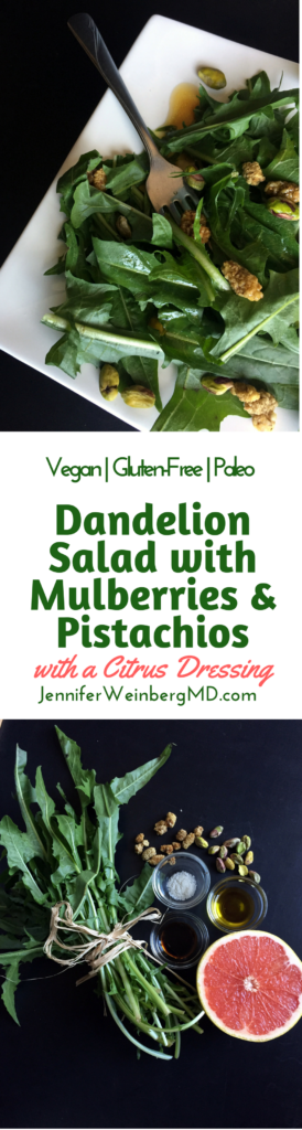 Dandelion #Salad with Mulberries and Pistachios with a Citrus Dressing: #citrus #dressing #recipe #glutenfree #grainfree #paleo #vegan #vegetarian #dandelion #health #healthy #healthyrecipe